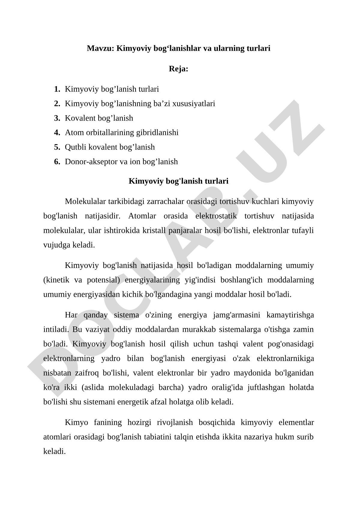 Kimyoviy bog'lanishlar yozma ishi