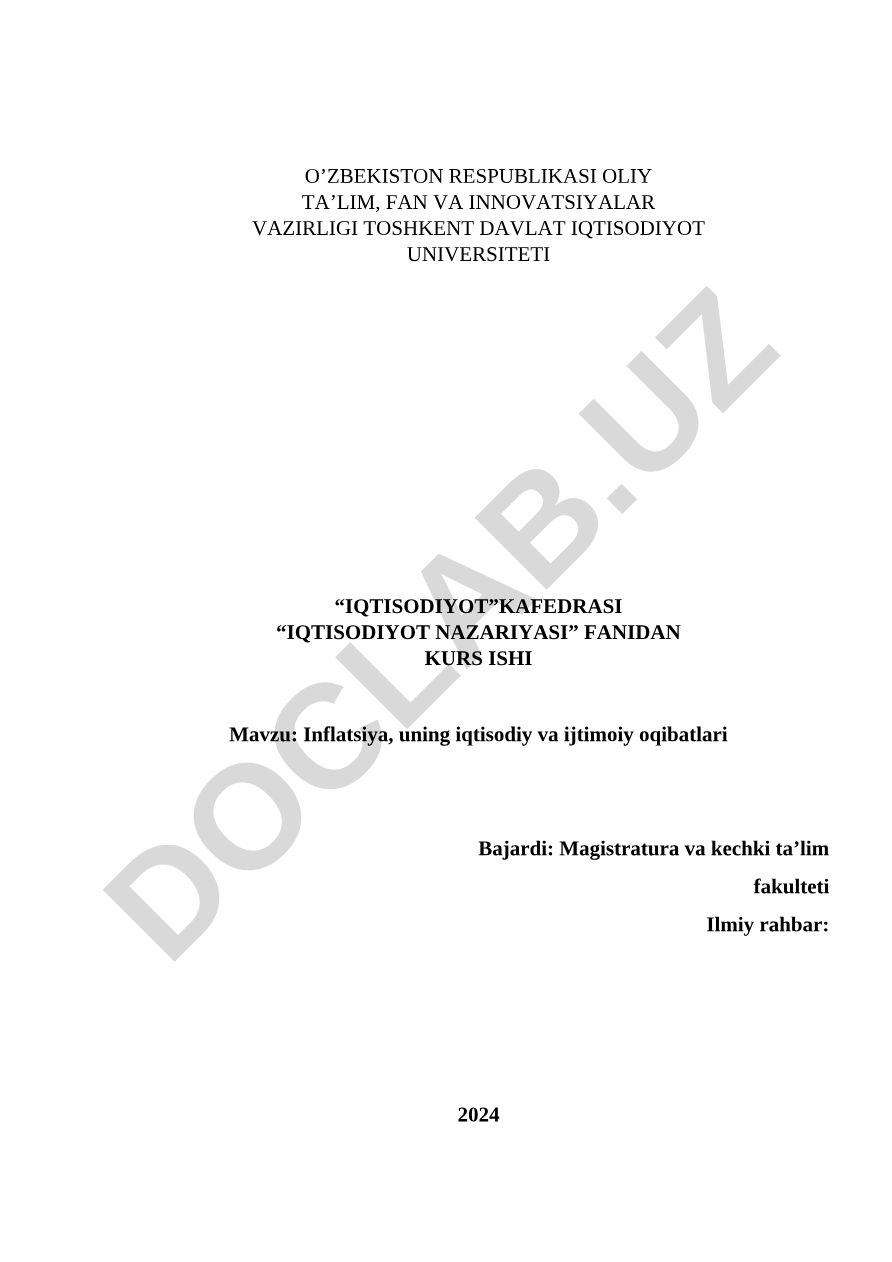 Inflatsiya, uning iqtisodiy va ijtimoiy oqibatlari