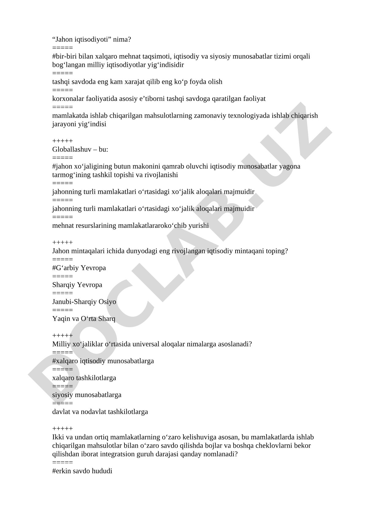 Jahon iqtisodiyoti test hujjati