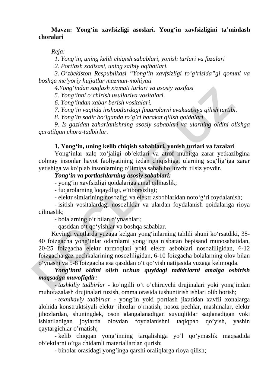 Yong‘in xavfsizligi asoslari. Yong‘in xavfsizligini ta’minlash choralari