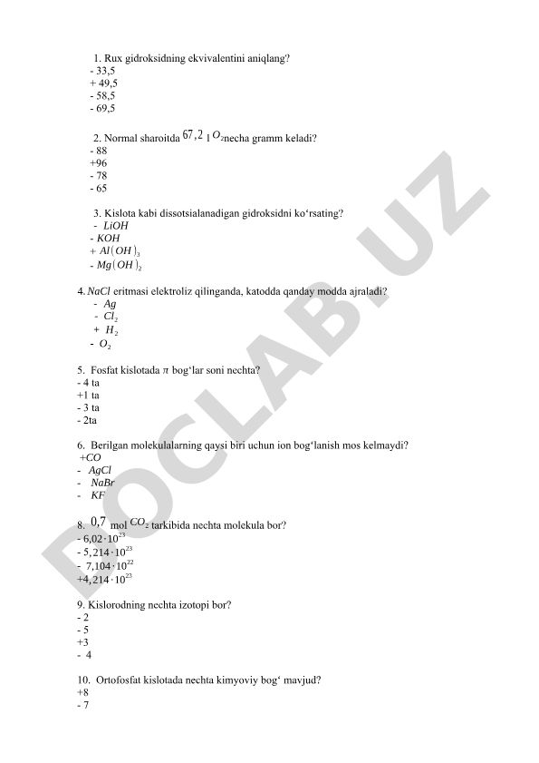 Kimyo fanidan test savollari va javoblari