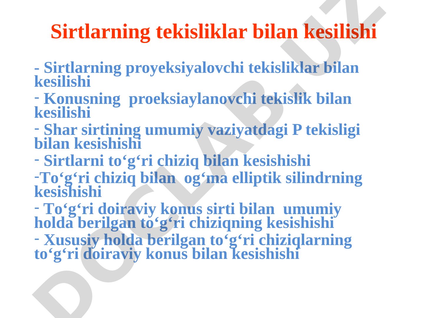 Sirtlarni tekislik bilan kesish taqdimoti