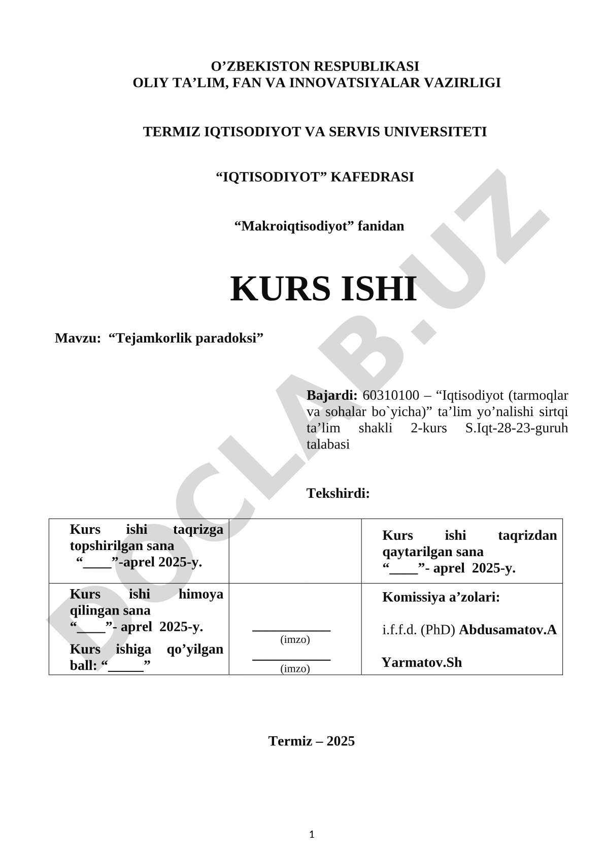 Makroiqtisodiyot kurs ishi