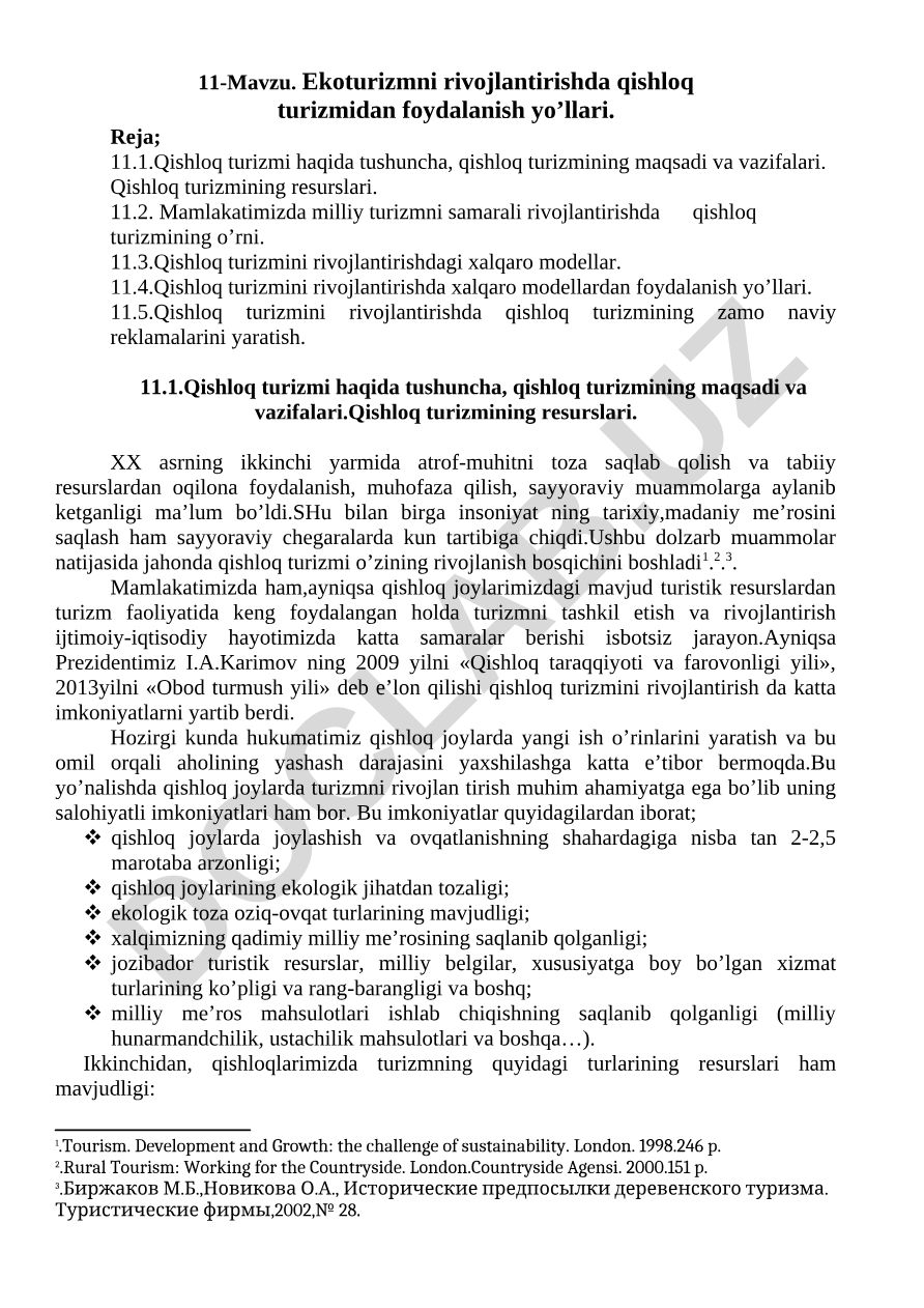 Ekoturizmni rivojlantirishda qishloq turizmidan foydalanish yo’llari