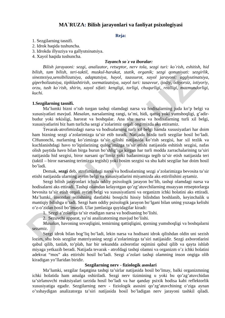 Bilish jarayonlari va faoliyat psixologiyasi