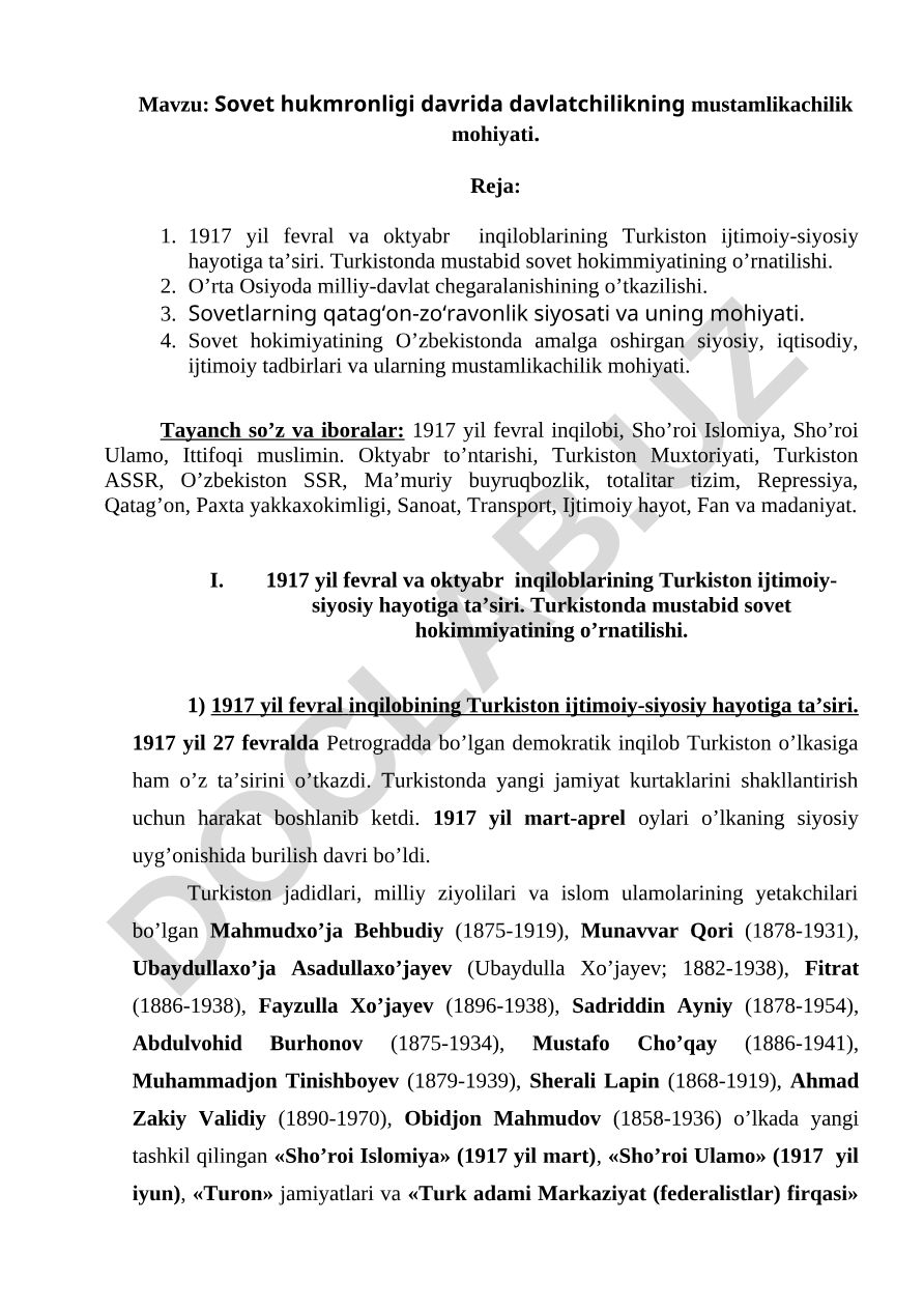 Sovet hukmronligi davrida davlatchilikning mustamlikachilik mohiyati