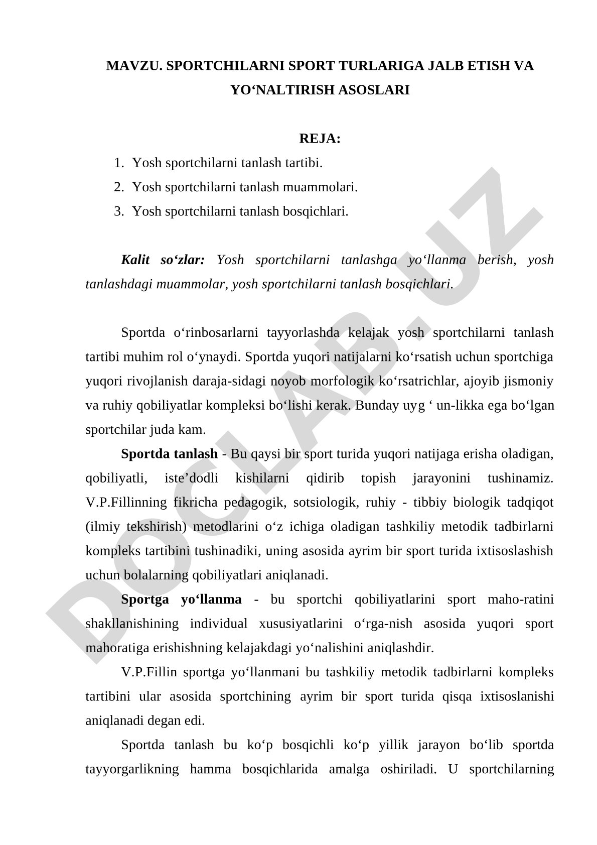 Sportchilarni tanlash rejasi