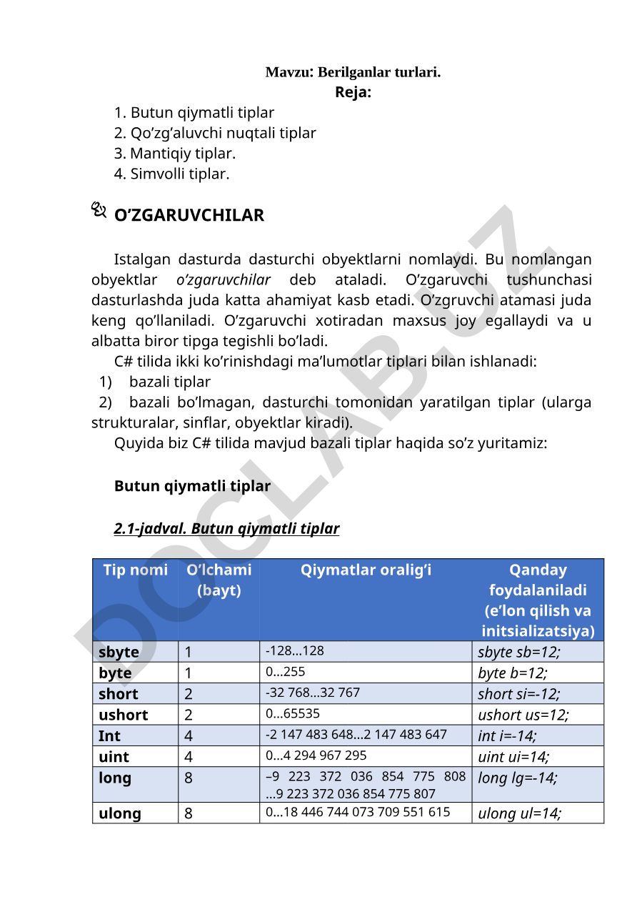 Berilganlar turlari