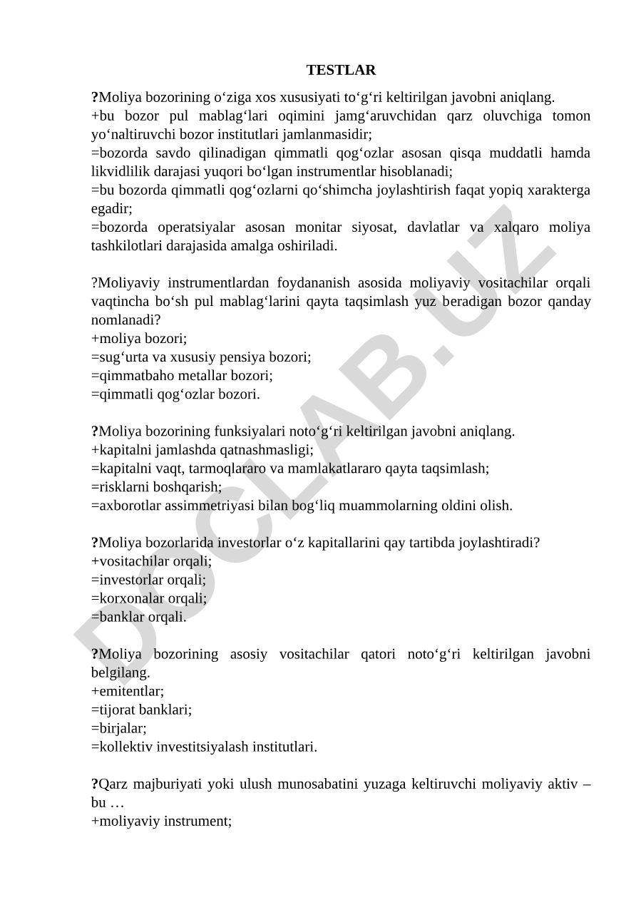 Moliya bozorining funksiyalari va turlari