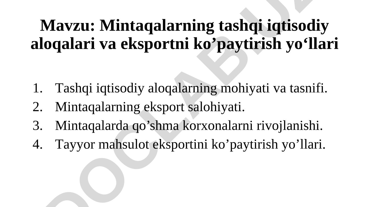 Mintaqalarning tashqi iqtisodiy aloqalari va eksportni ko'paytirish yo‘llari
