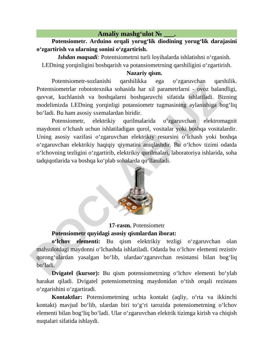 Potensiometr va Arduino orqali LED yorqinligini boshqarish