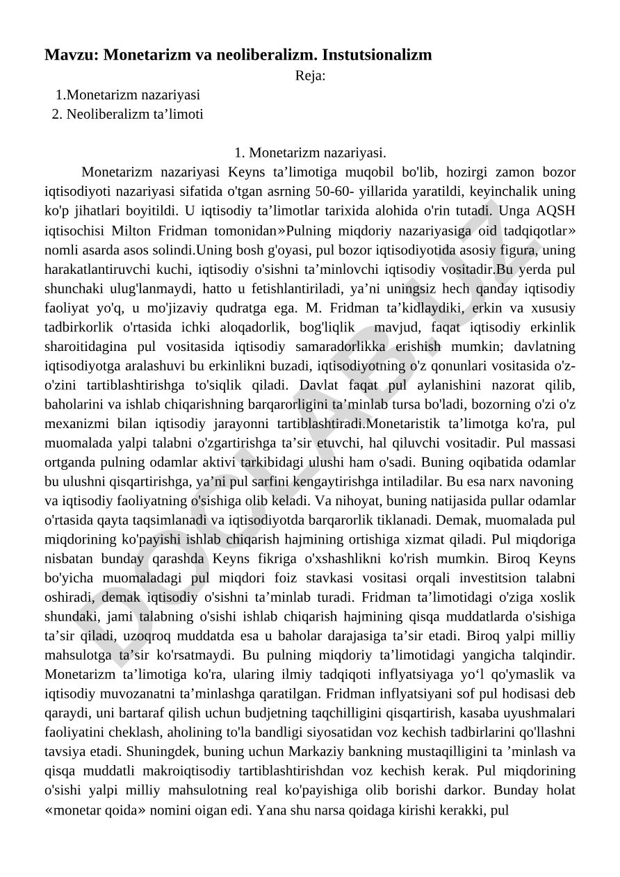 Monetarizm va neoliberalizm. Instutsionalizm