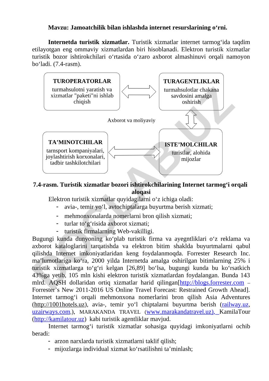 Jamoatchilik bilan ishlashda internet resurslarining o‘rni. Internetda turistik xizmatlar