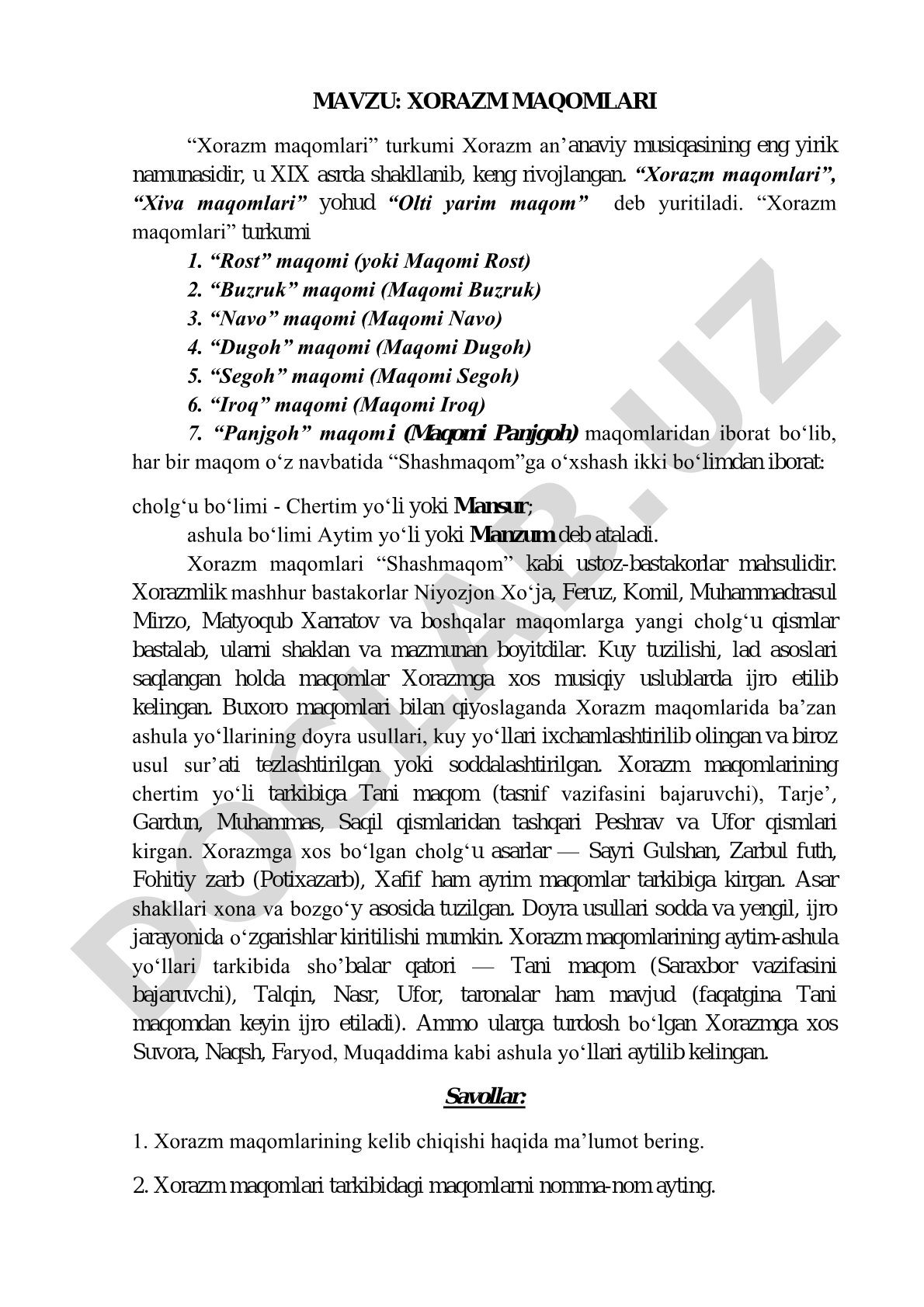 Xorazm maqomlari turkumi va ularning tuzilishi