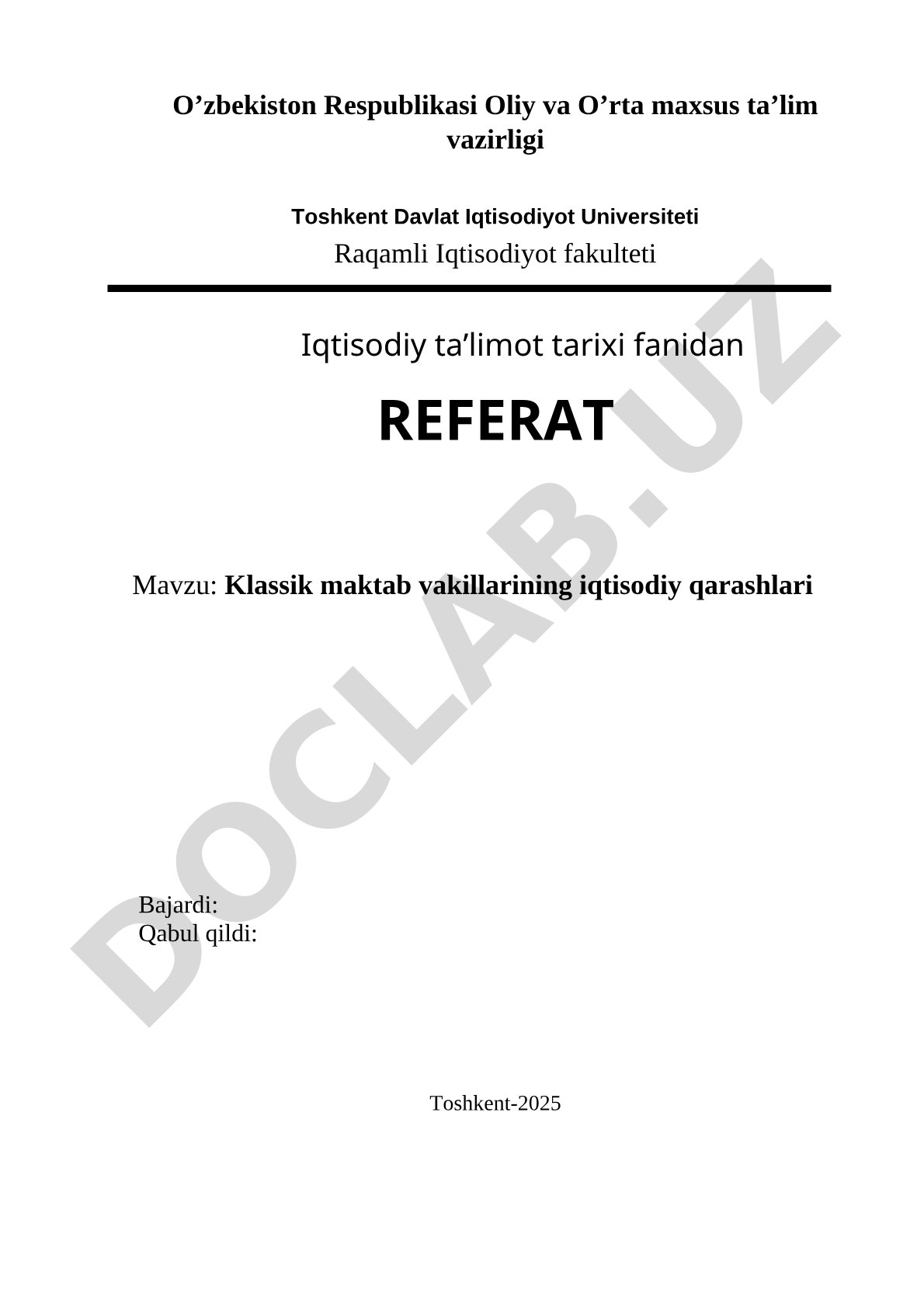 Iqtisodiy ta'limot tarixi fanidan referat