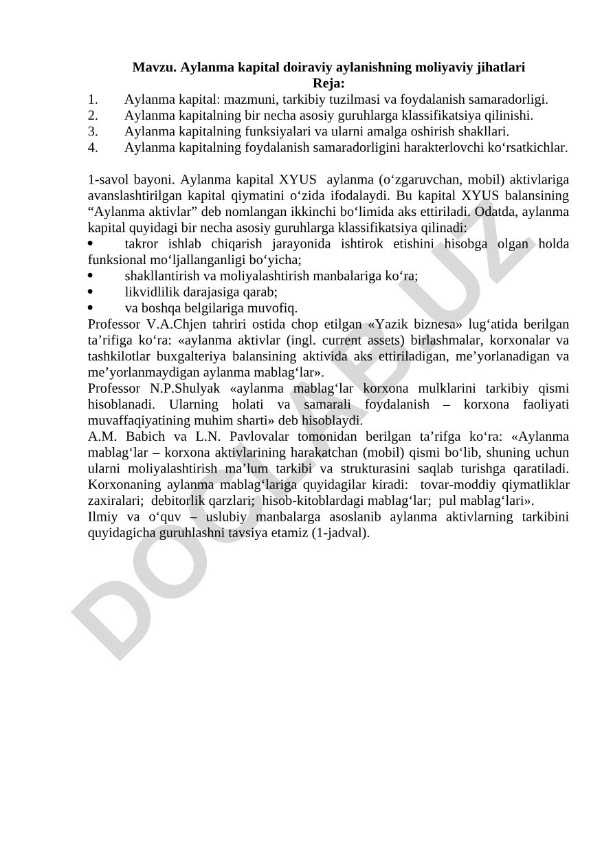 Aylanma kapital doiraviy aylanishning moliyaviy jihatlari