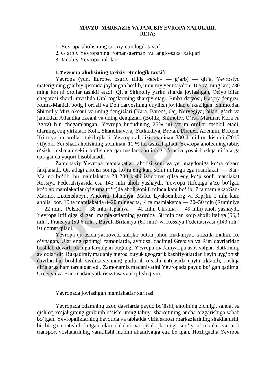 MARKAZIY VA JANUBIY EVROPA XALQLARI