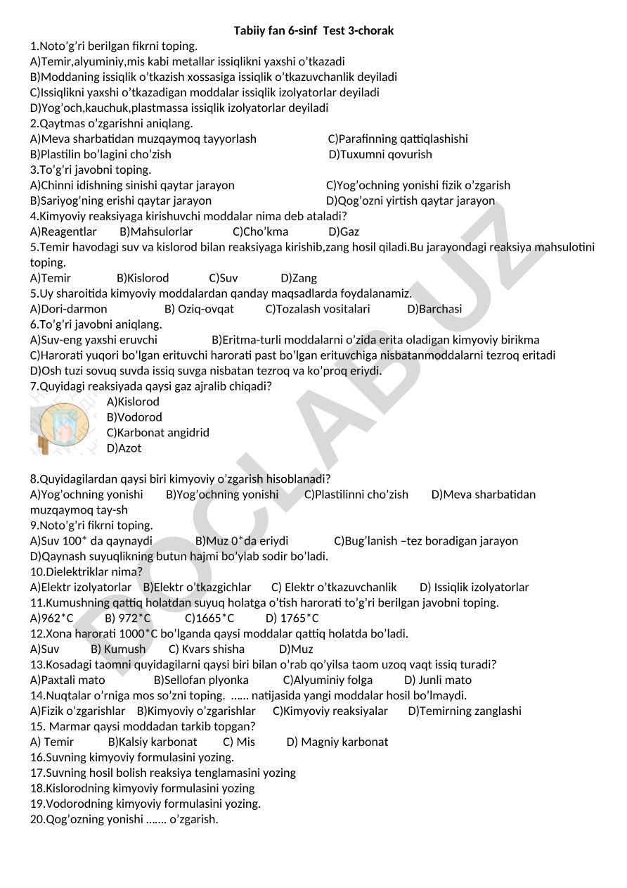 Tabiiy fan 6-sinf 3-chorak test savollari