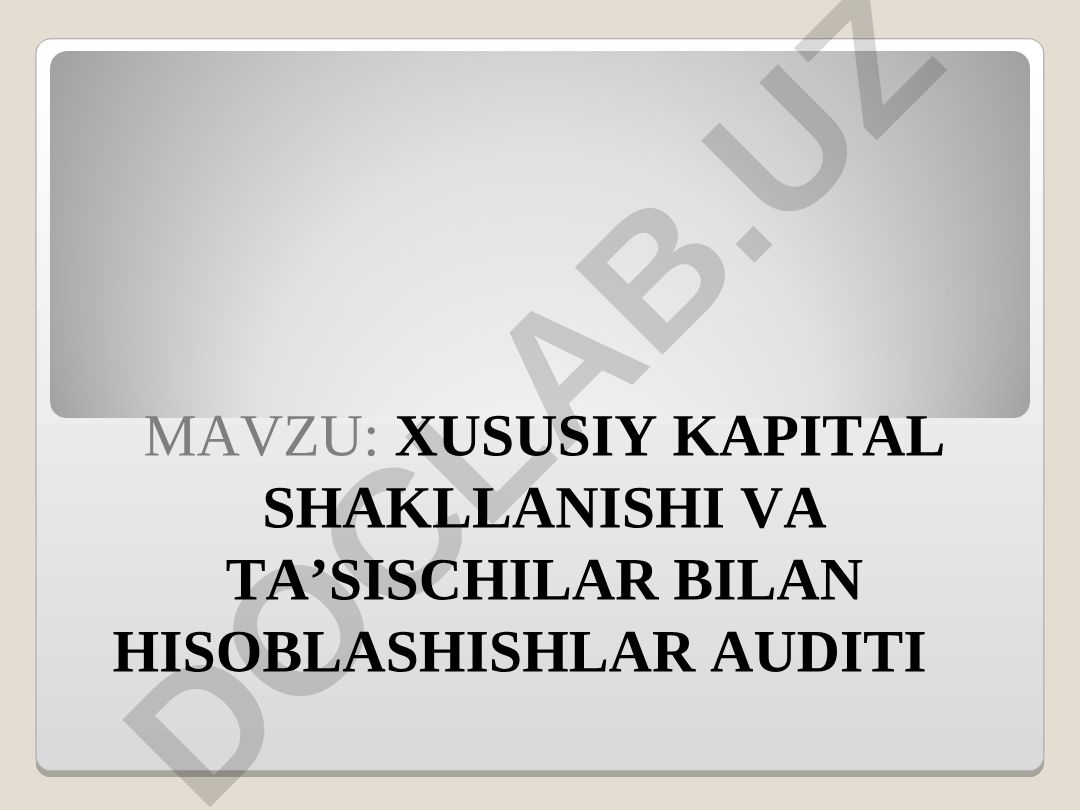 Xususiy kapital shakllanishi va ta'sischilar bilan hisob-kitoblar auditining rejasi