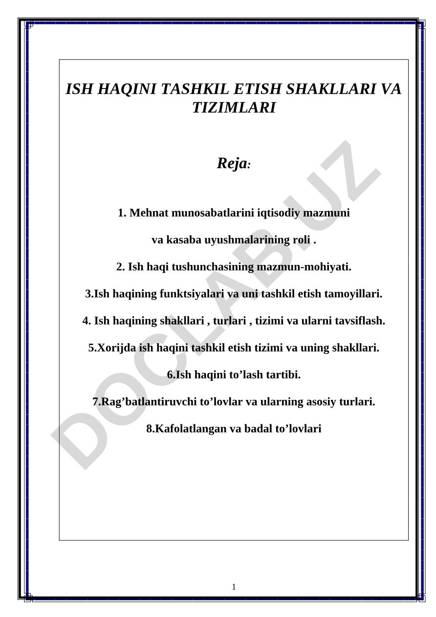 Ish haqini tashkil etish shakllari va tizimlari