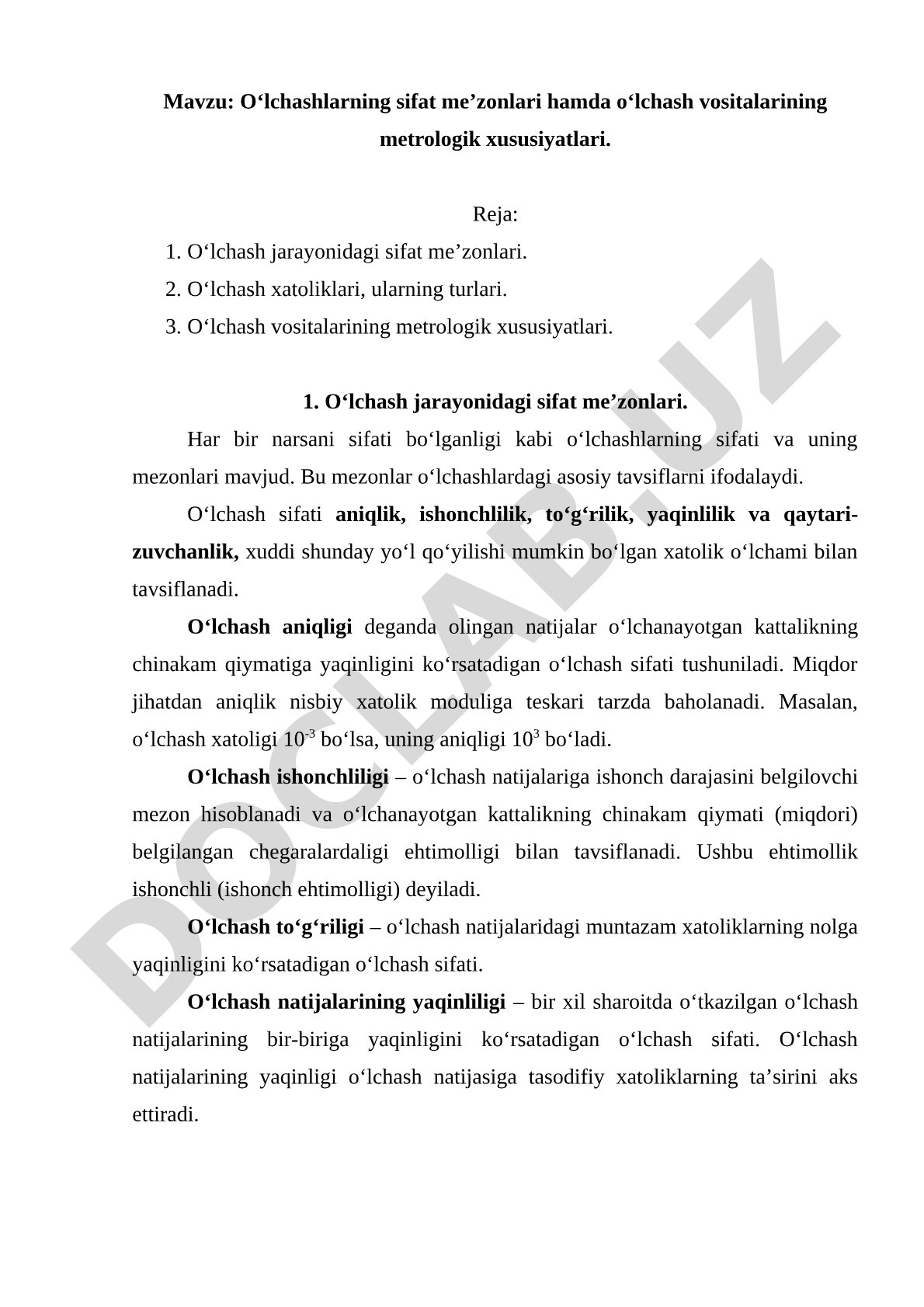 O‘lchashlarning sifat me’zonlari hamda o‘lchash vositalarining metrologik xususiyatlari