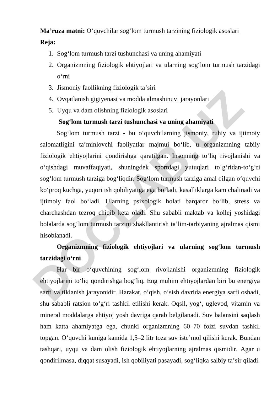 O‘quvchilar sog‘lom turmush tarzining fiziologik asoslari