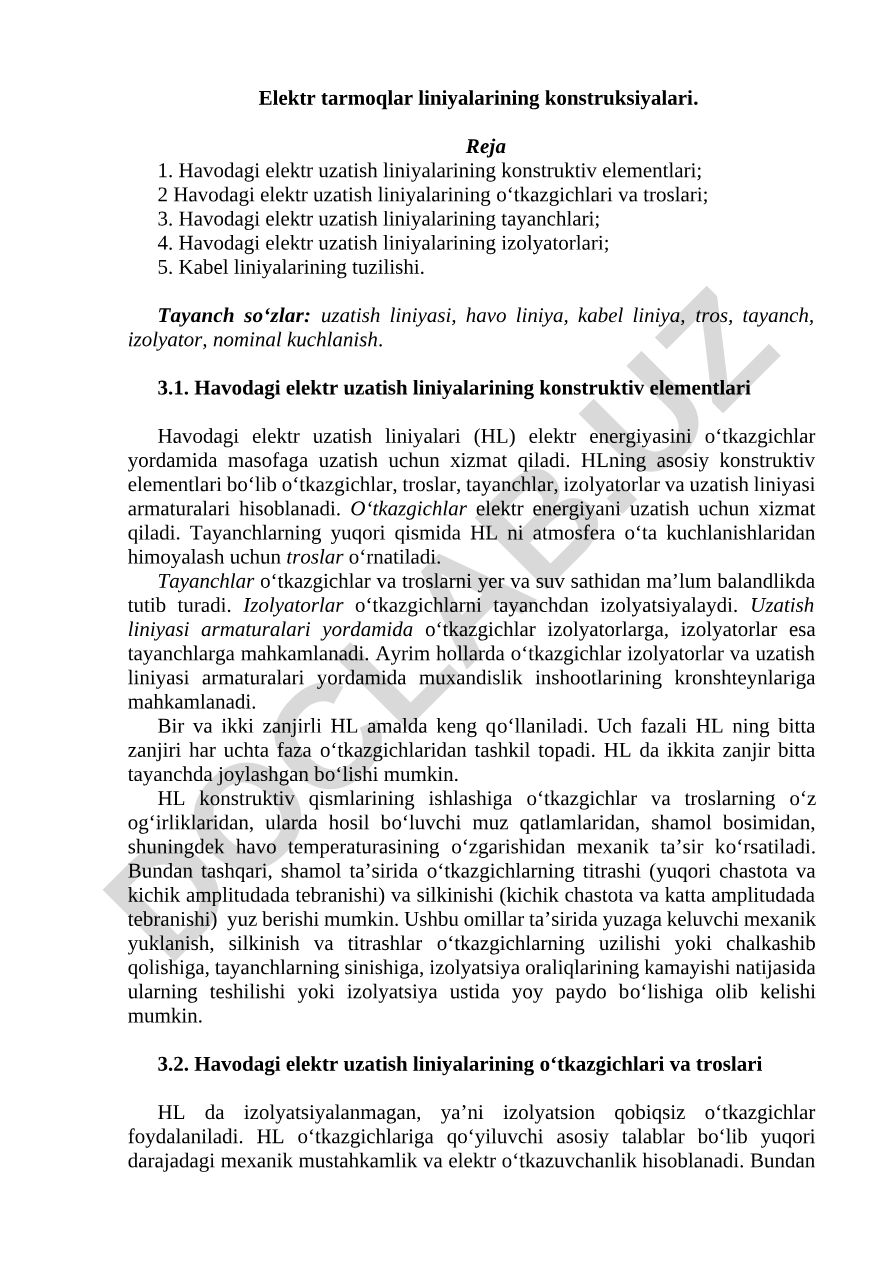 Elektr tarmoqlar liniyalarining konstruksiyalari