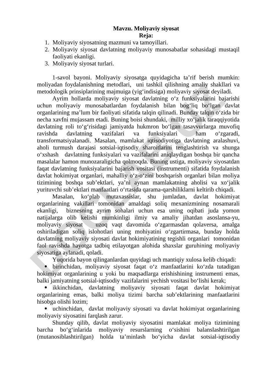 Moliyaviy siyosatning mazmuni, tamoyillari va turlari