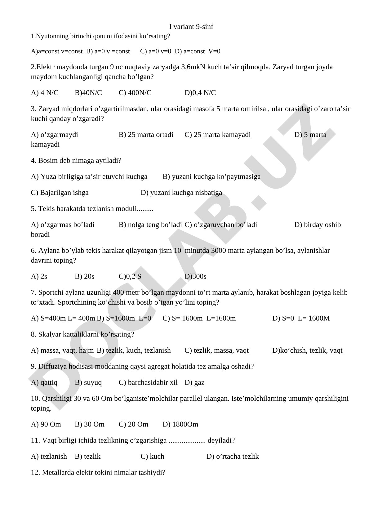 9-sinf fizika test savollari