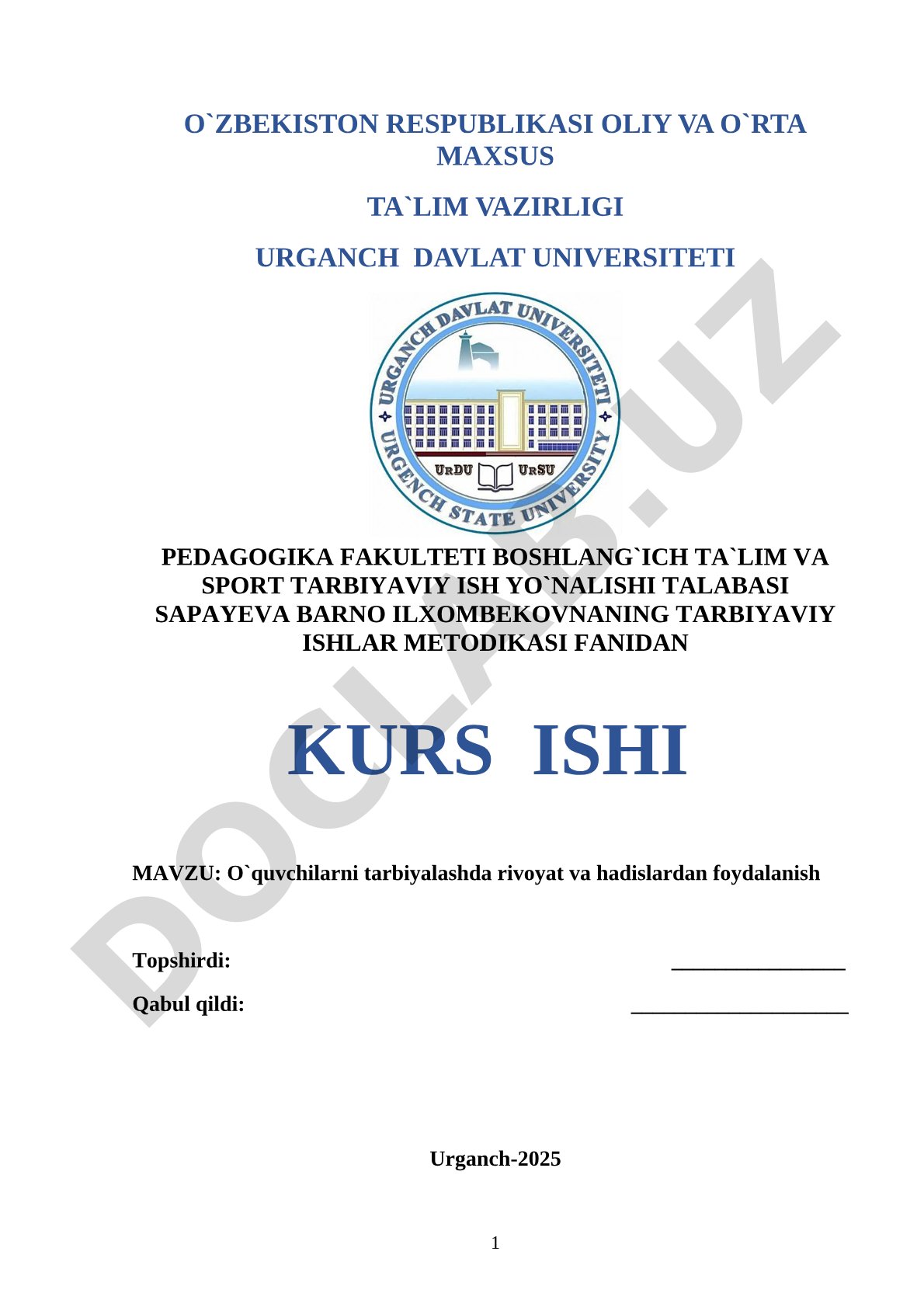 Tarbiyaviy ishlar metodikasi kurs ishi