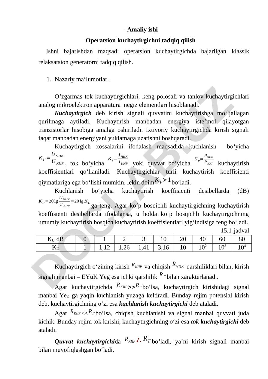 Operatsion kuchaytirgichda klassik relaksatsion generatorni tadqiq qilish