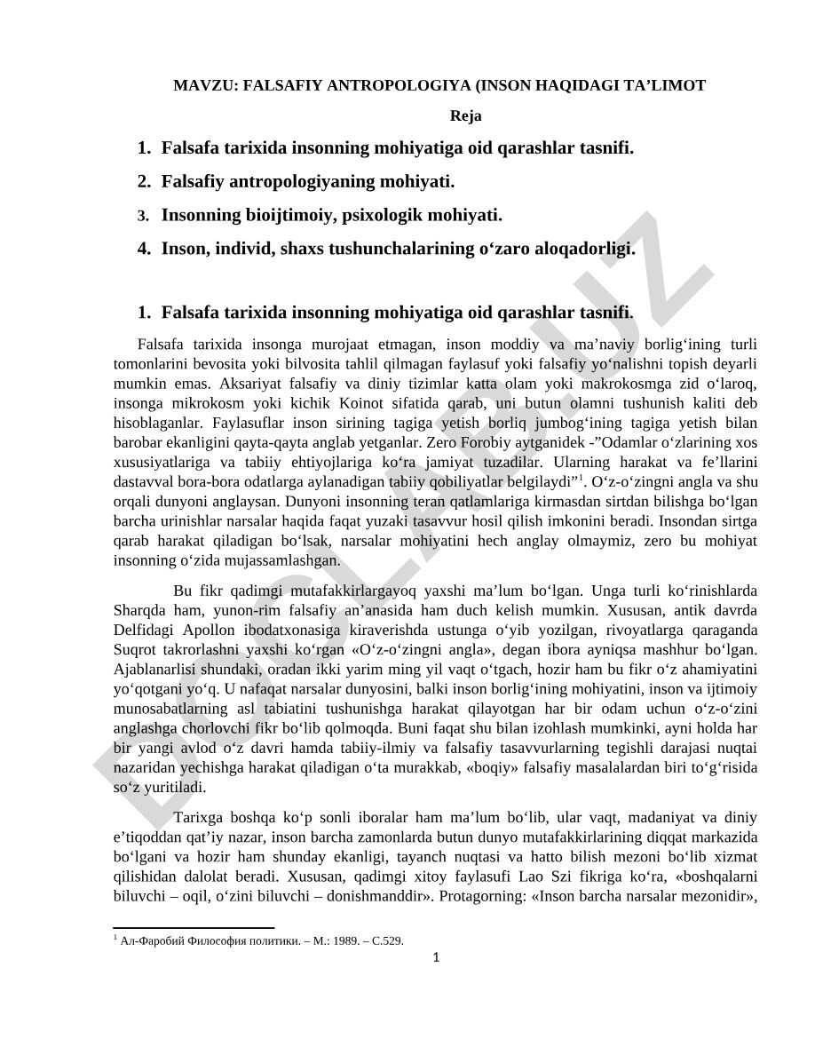 FALSAFIY ANTROPOLOGIYA (INSON HAQIDAGI TA’LIMOT)