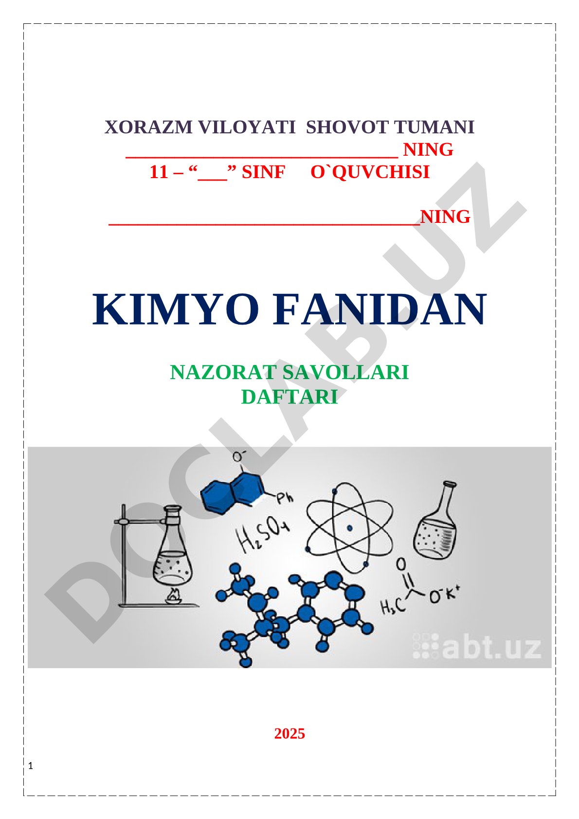 Kimyo fanidan nazorat savollari daftari
