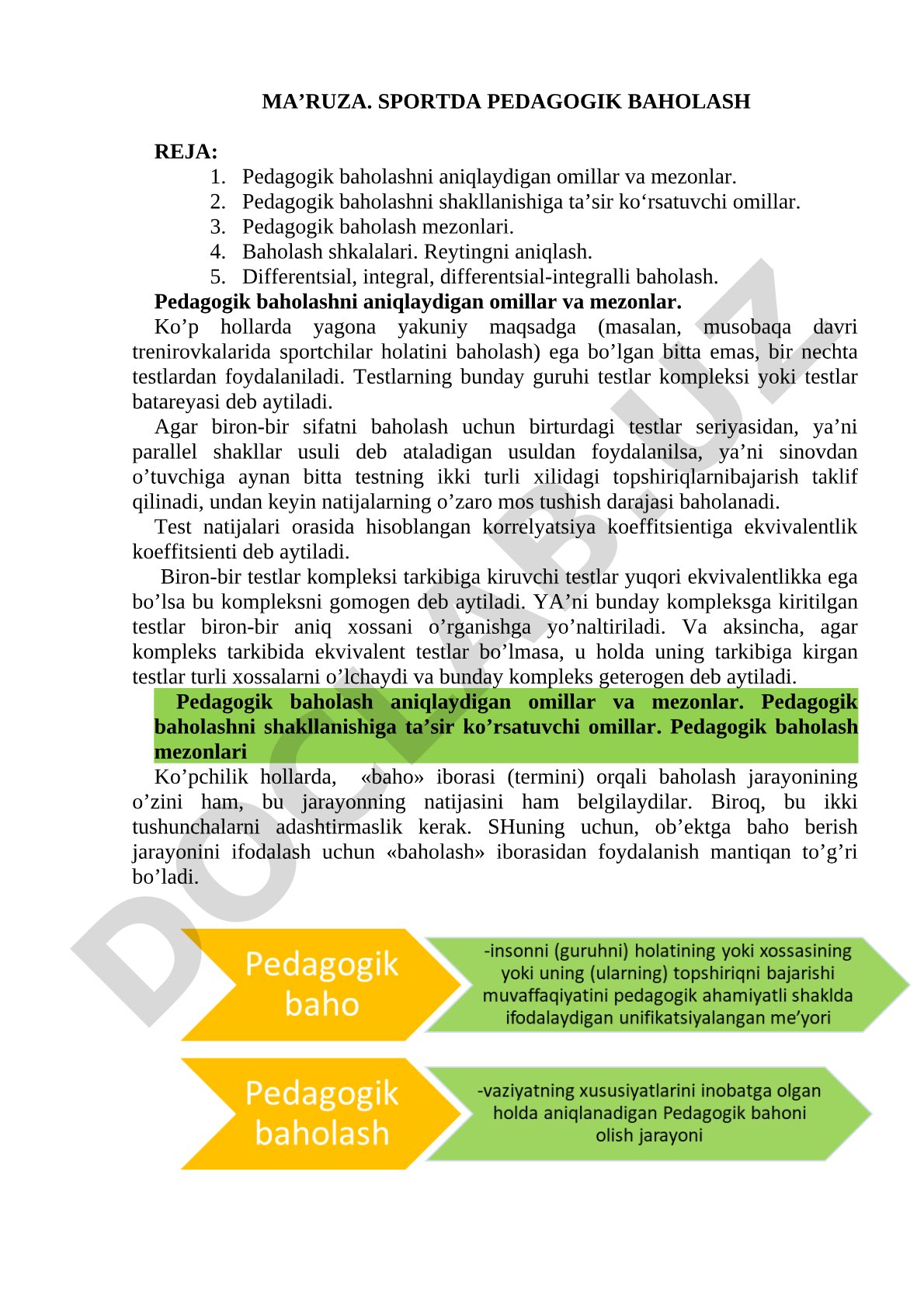 Sportda pedagogik baholash ma'ruzasi