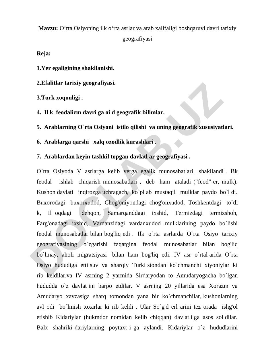 O‘rta Osiyoning ilk o‘rta asrlar va arab xalifaligi boshqaruvi davri tarixiy geografiyasi