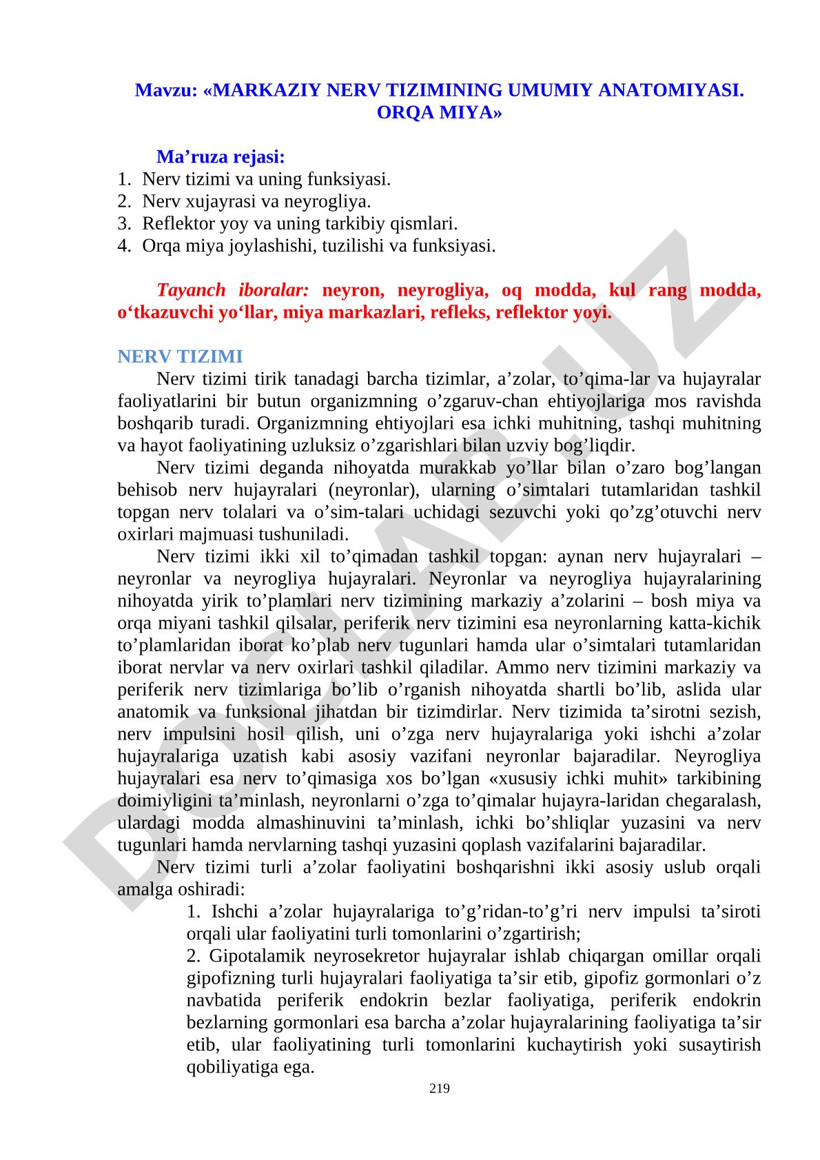 Markaziy nerv tizimining umumiy anatomiyasi. Orqa miya