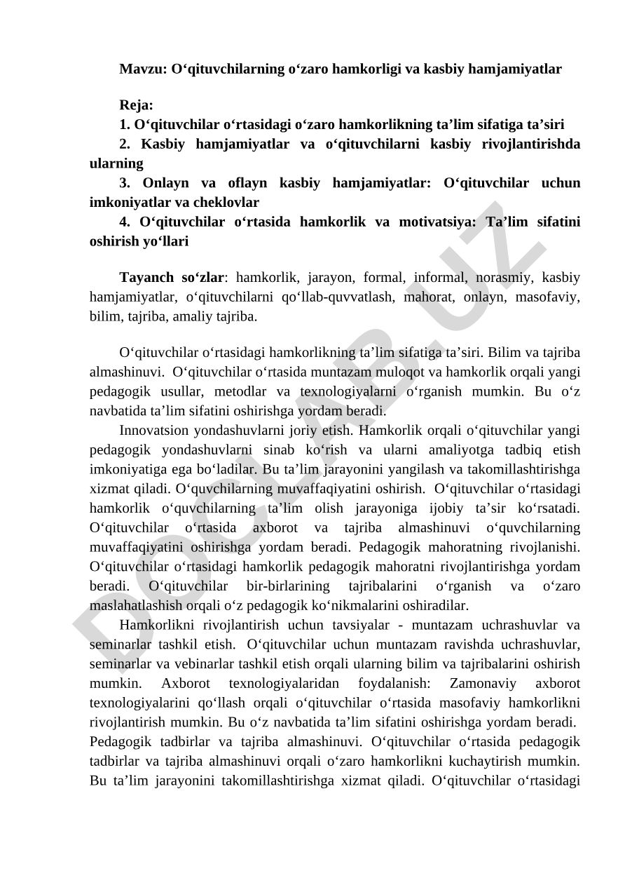 O‘qituvchilarning o‘zaro hamkorligi va kasbiy hamjamiyatlar