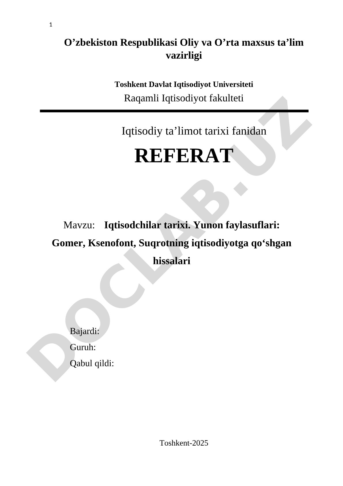 Iqtisodiyot tarixi fanidan referat