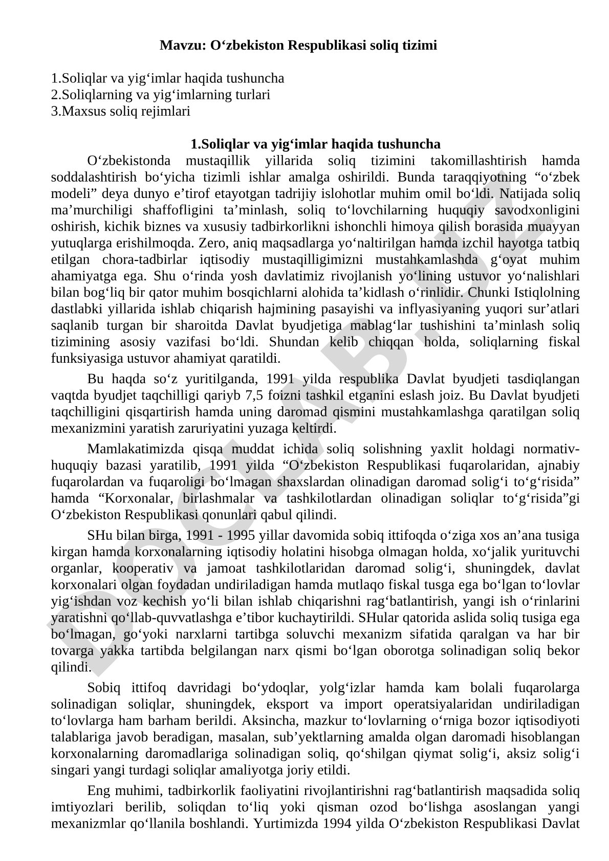 O'zbekiston soliq tizimi kurs ishi