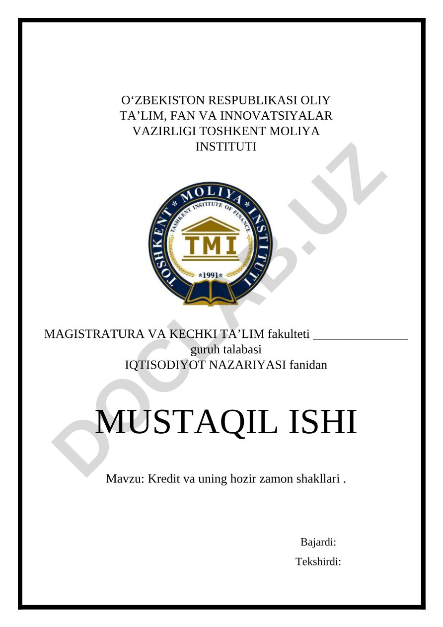 Kredit va uning hozir zamon shakllari