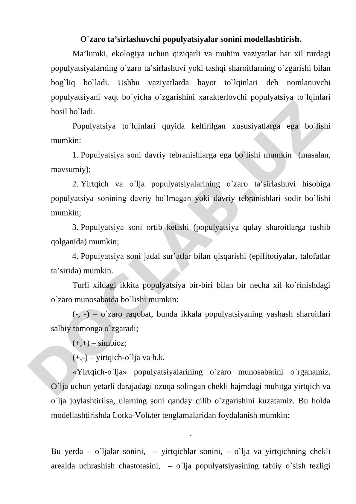 Ekologik populyatsiya modellashtirish kurs ishi