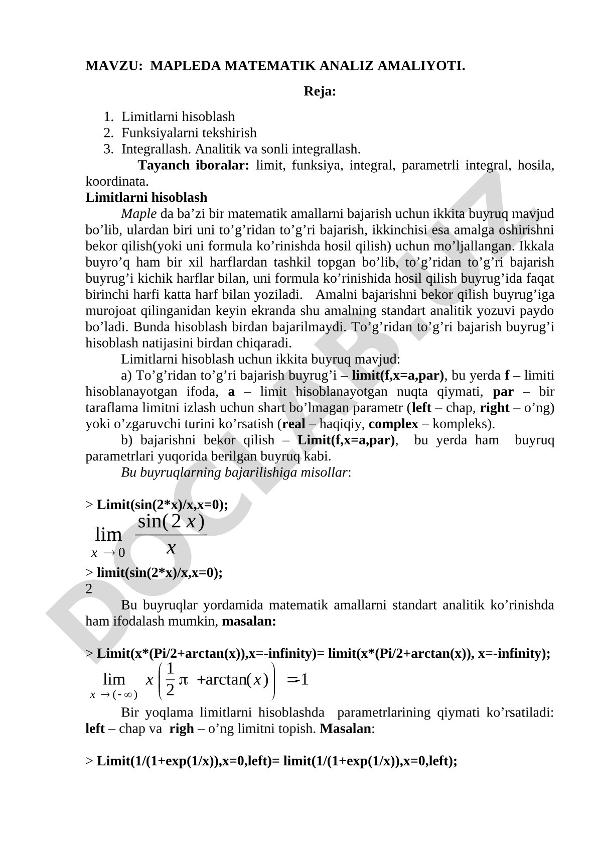 Maple dasturida matematik analiz amaliyoti