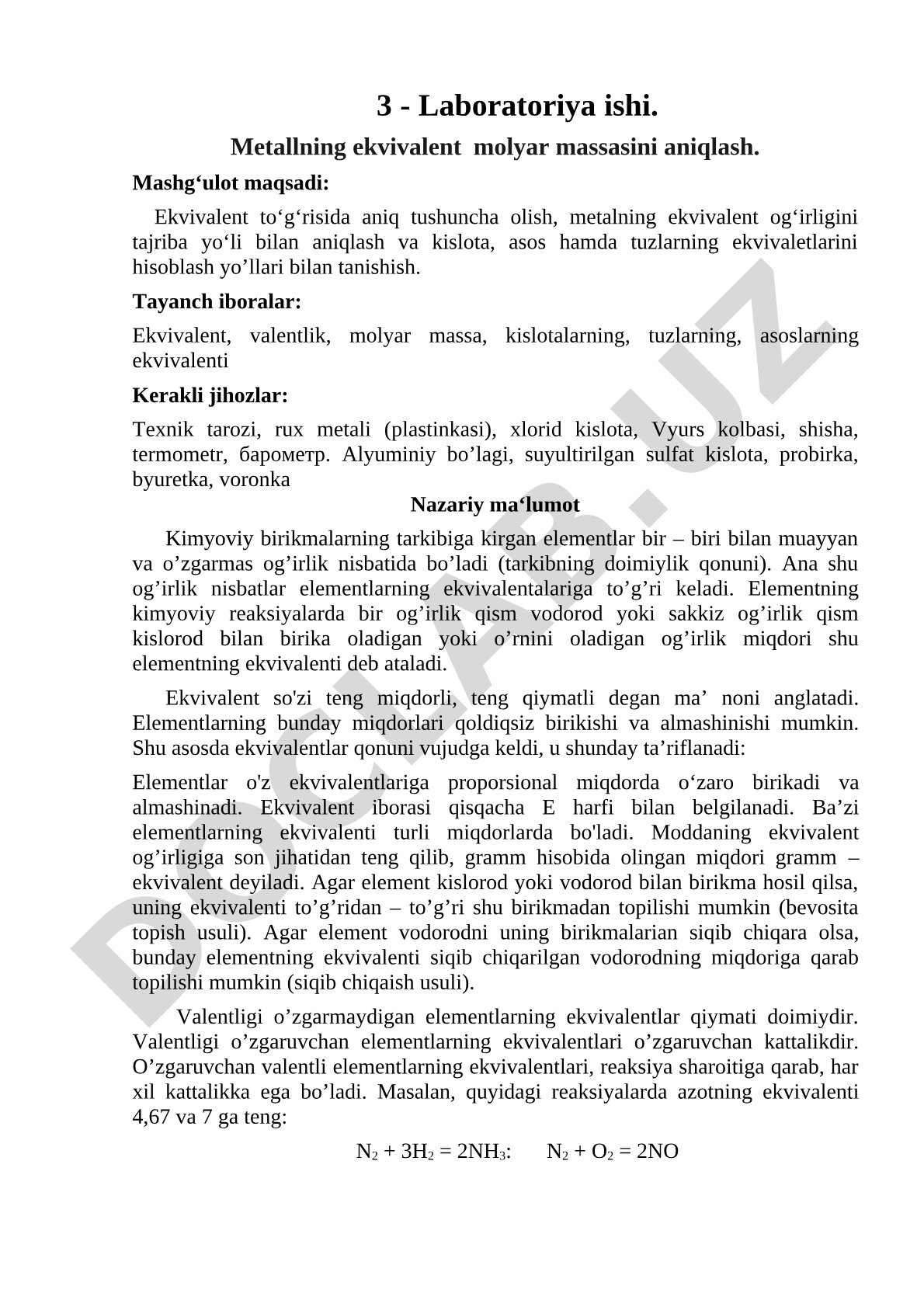 Metall ekvivalent molyar massasi laboratoriya ishi