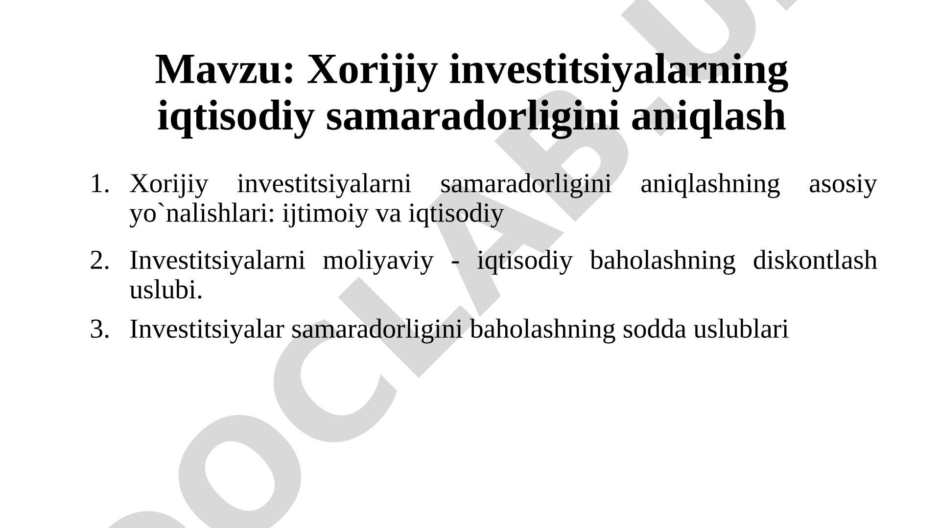 Investitsiyalar samaradorligi taqdimoti