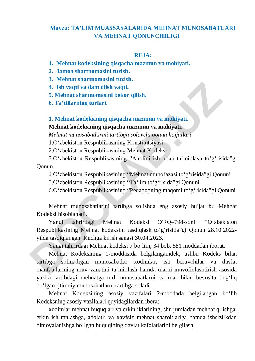 TA’LIM MUASSASALARIDA MEHNAT MUNOSABATLARI VA MEHNAT QONUNCHILIGI