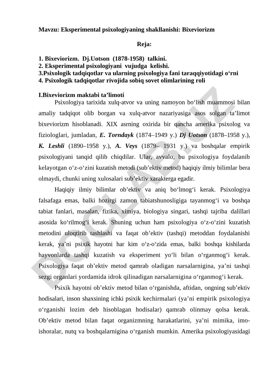 Eksperimental psixologiyaning shakllanishi: Bixeviorizm