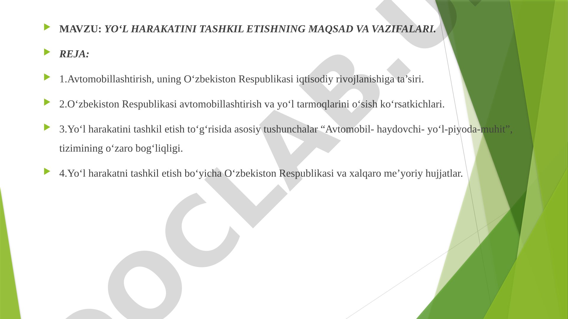 Yo'l harakatini tashkil etish taqdimoti