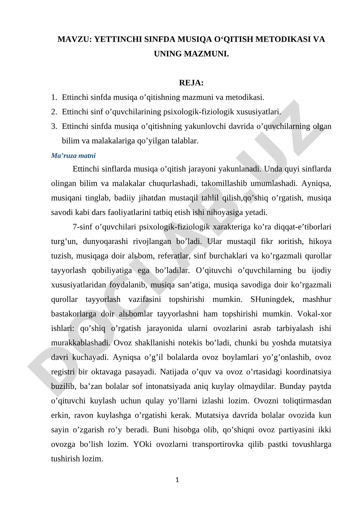 Ettinchi sinfda musiqa o‘qitish metodikasi va uning mazmuni