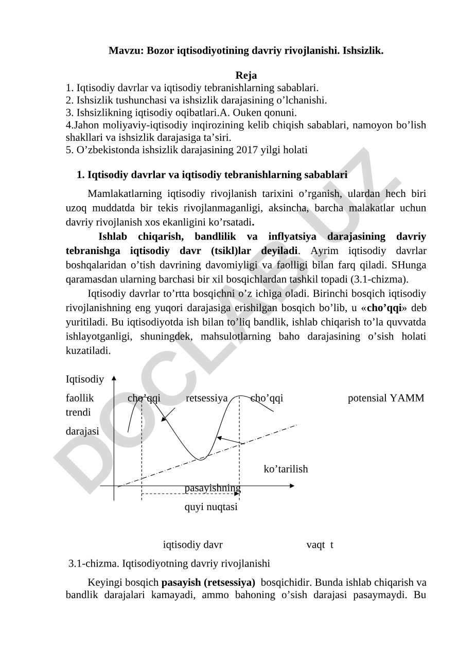 Bozor iqtisodiyotining davriy rivojlanishi. Ishsizlik