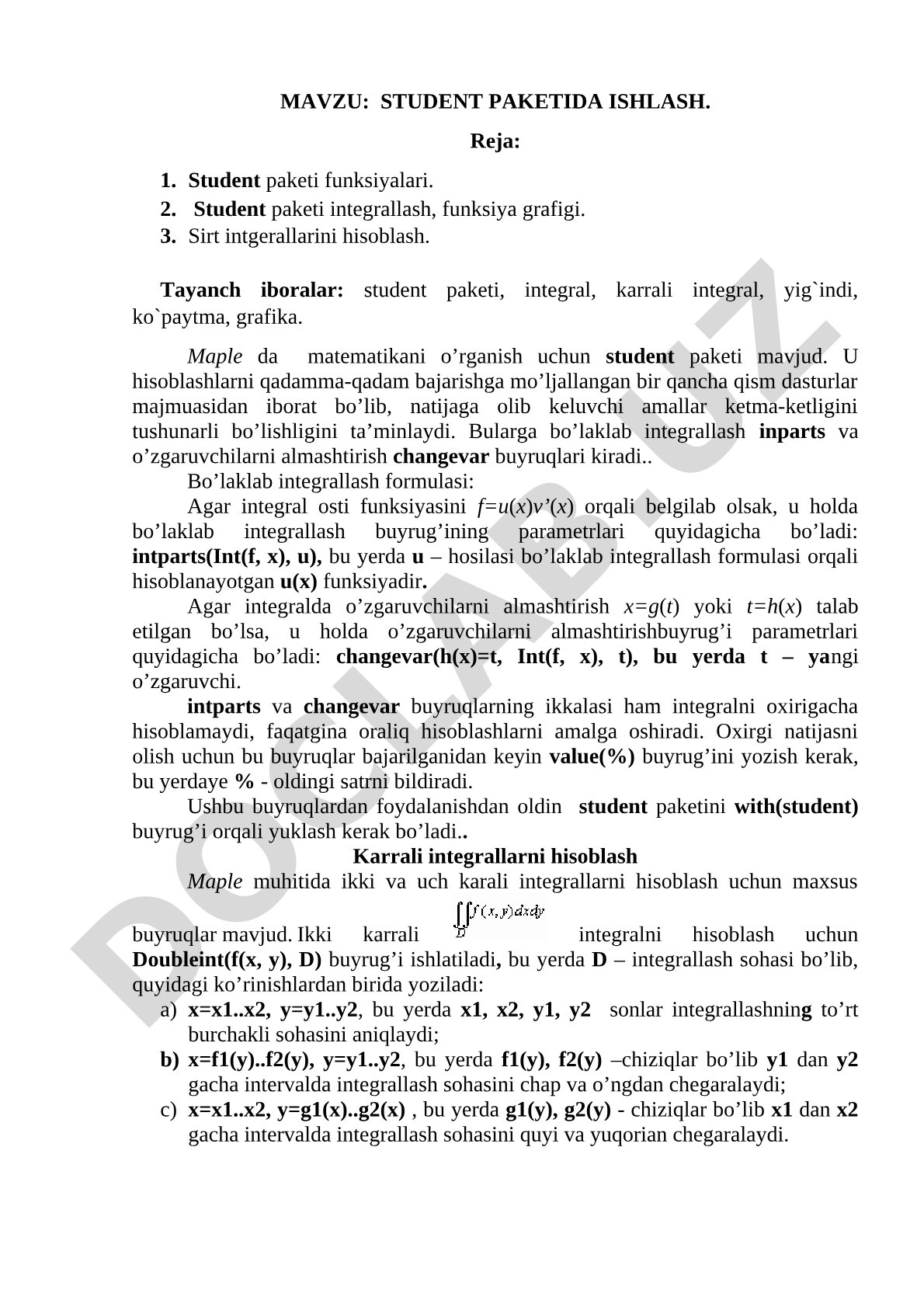Maple student paketi integrallash qo‘llanmasi